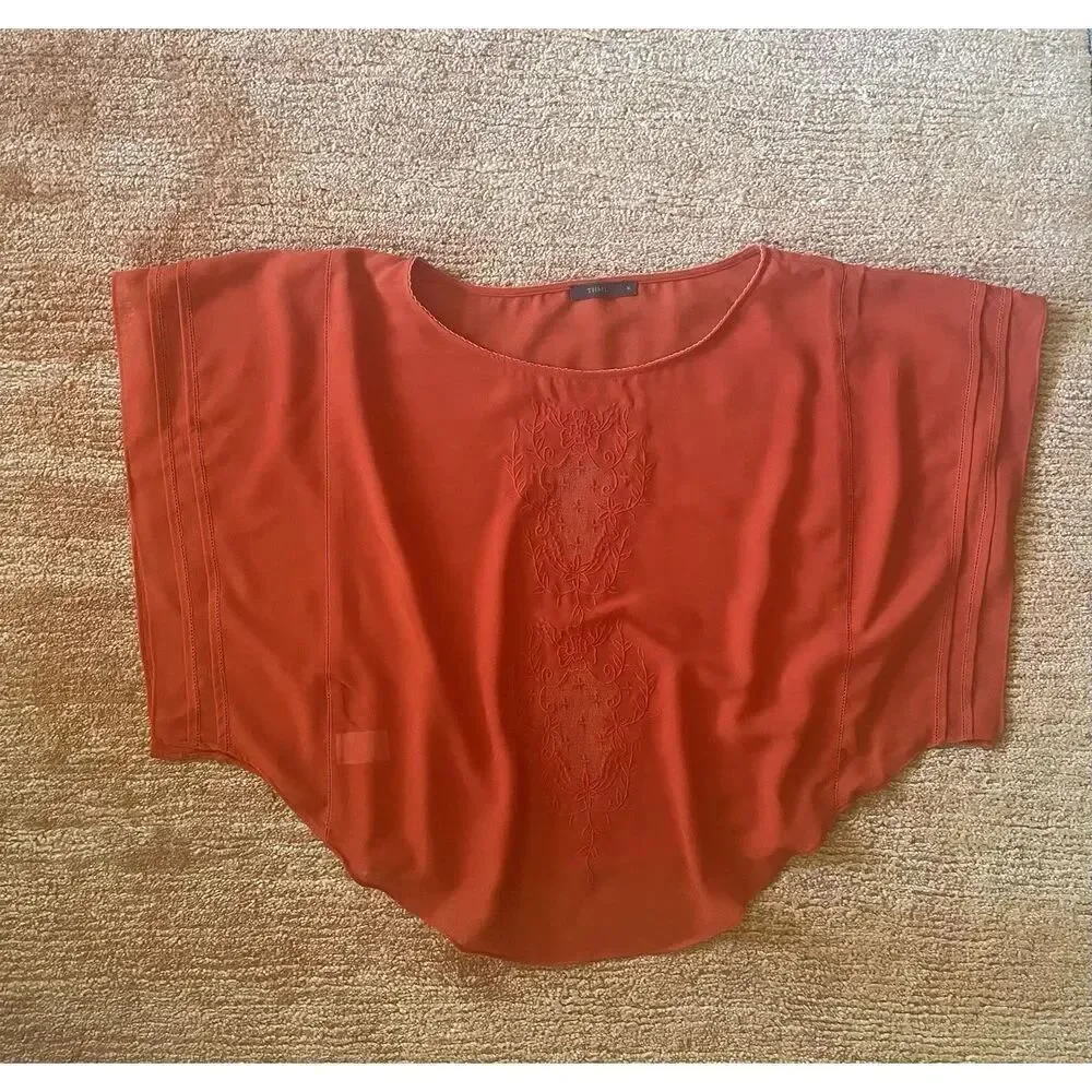 THML Anthropologie Orange Embroidered Cape Flutter Sleeve Sheer Sz M